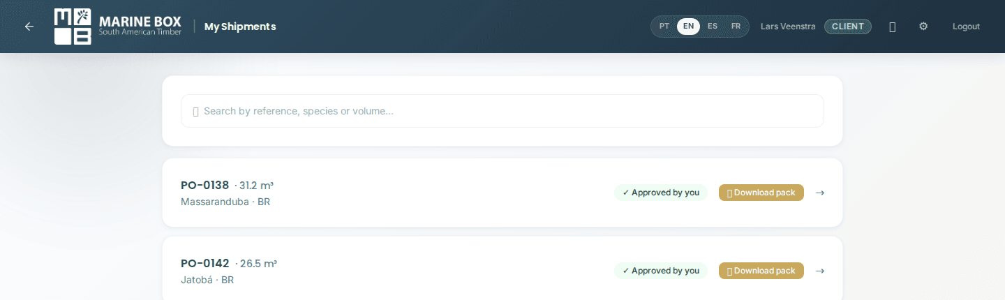 Importer dashboard — shipments with one-click compliance packs