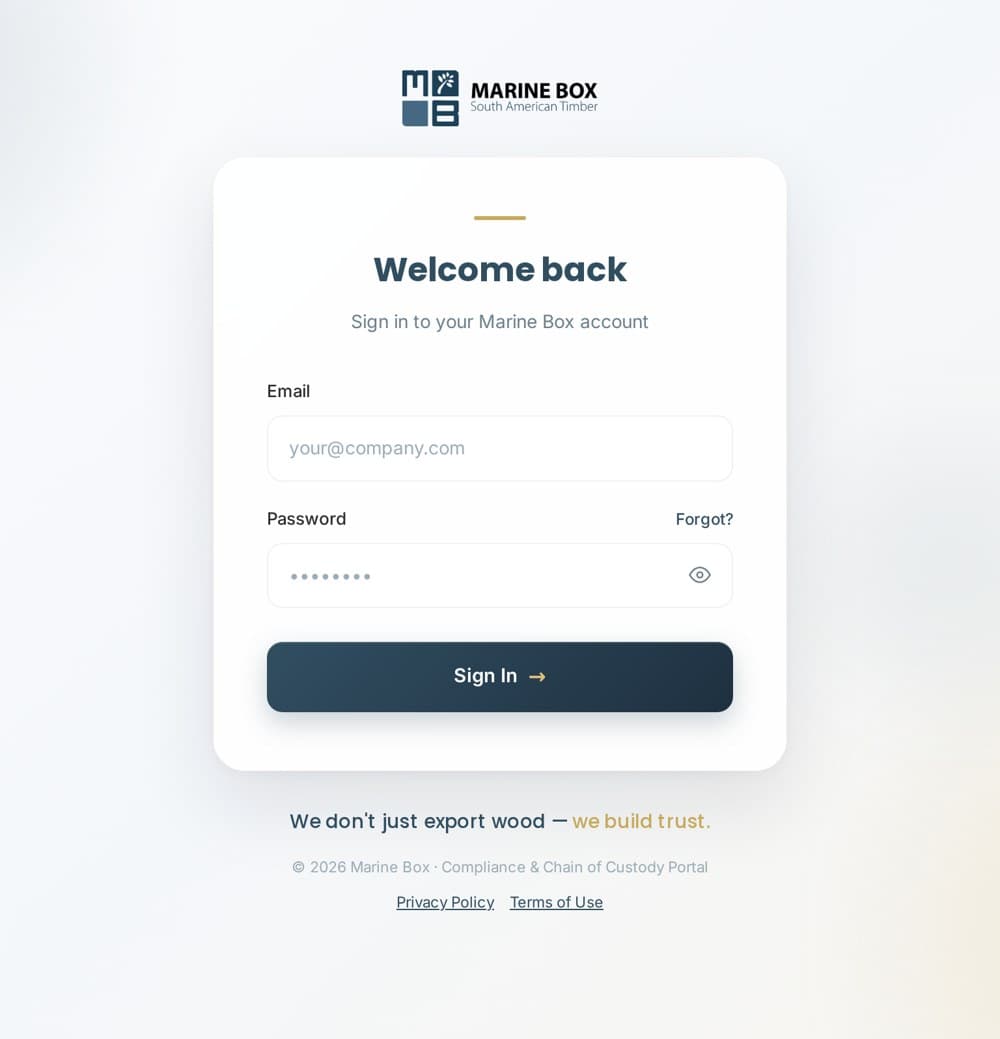 Marine Box client portal — secure login screen